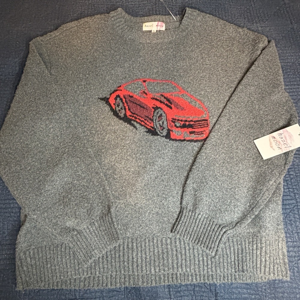 Hazel Moon Gray Sweater With Red Car Graphic Women's XL Grunge Indie‎ Cozy